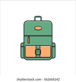 Casual backpack in trendy line flat style with zipper and two pockets. Icon of green hipster city knapsack on isolated white background. Back to school vector illustration.