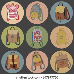 Casual backpacks icons set. Template vector illustration for app web on grey background leather fabric old fashion cute high quality vintage style study student bag city color cartoon vector handdrawn