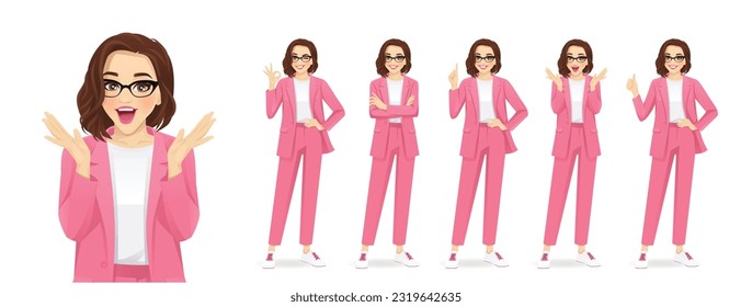 Casual beautiful business woman in different poses set. Various gestures surprised, pointing, standing with crossed hands, showing thumb up and ok sign isolated vector illustration