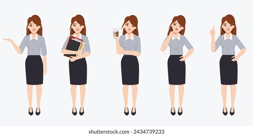 Casual beautiful business woman in different poses set. Various gestures surprised, pointing, standing with crossed hands, showing pointing isolated vector illustration