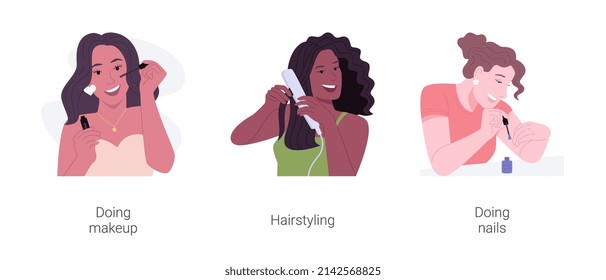 Casual beauty rituals isolated cartoon vector illustrations set. Woman doing makeup in front of mirror, hairstyling at home, makes manicure, painting nails, self-care procedures vector cartoon.