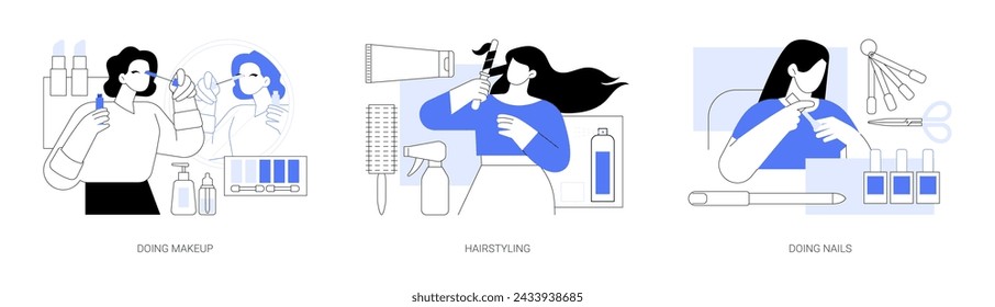 Casual beauty rituals isolated cartoon vector illustrations set. Woman doing makeup in front of mirror, hairstyling at home, makes manicure, painting nails, self-care procedures vector cartoon.