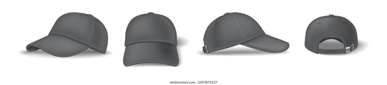 Casual black baseball cap mockup template realistic vector illustration set. Head clothing with brand template 3d models on white background