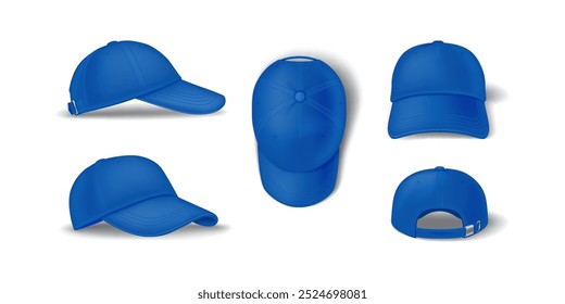 Casual blue baseball cap mockup template realistic vector illustration set. Head clothing with brand template 3d models on white background