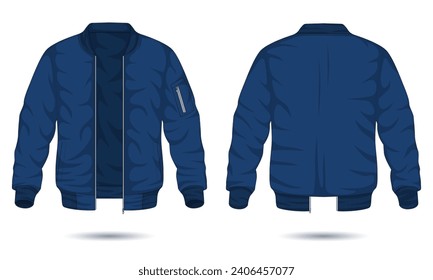 Casual blue bomber jacket template front and back view