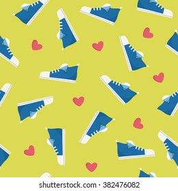 Casual blue sport shoes on green background seamless pattern - flat style vector illustration