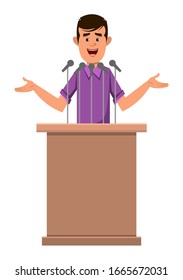 casual boy cartoon character speaker stands behind the podium and speaks.  Flat style cartoon character for your design, motion or animation