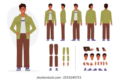 Casual boy character constructor for animation. Front, side and back view set. Body parts, postures, poses collection. Vector illustration.