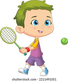 The casual boy is playing a tennis in a field court area and hit the ball of illustration