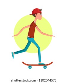 Casual boy rides skateboard, red board on blue wheels, young guy in blue jeans and t-shirt, teenage skater isolated cartoon flat vector illustration.