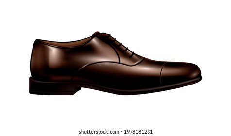 Casual brown leather male laced shoe side view on white background realistic vector illustration