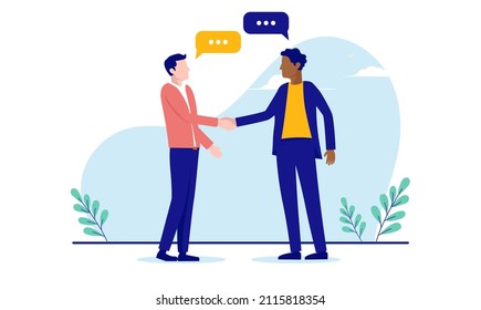 Casual business handshake - Two men shaking hands over deal and agreement. Flat design vector illustration with white background