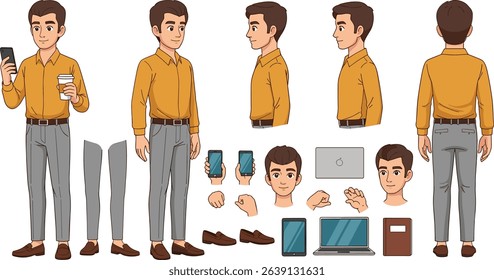 Casual business man character constructor for animation. Front, side and back view set. Body parts, postures, poses collection.
