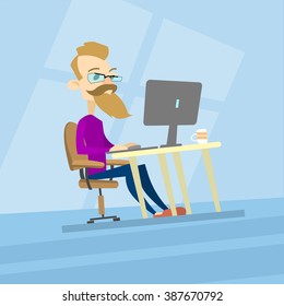 Casual Business Man Hipster Work Desktop Computer Freelancer Flat Vector Illustration