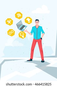 Casual Business Man Hold Laptop Internet Computing Icons Flat Vector Illustration