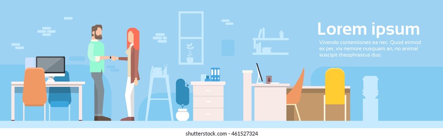 Casual Business Man and Woman Shake Hand Modern Coworking Office Flat Vector Illustration