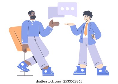Casual business meeting dialogue concept. Two male professionals exchange ideas in a relaxed office setting. Modern workplace interaction. Vector illustration.