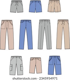 Pantalones y pantalones cortos casuales de los hombres. Establecer. CAD de moda. Ilustración vectorial.