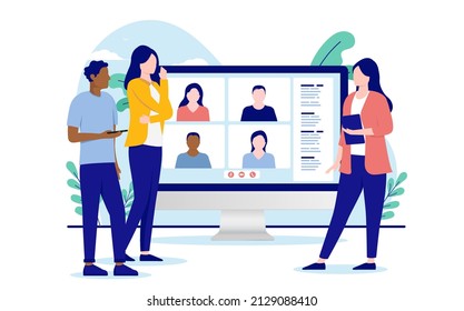 Casual business people having a remote meeting on desktop computer. Flat design vector illustration with white background