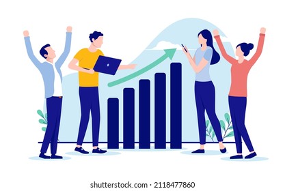 Casual business people success - Happy cheerful team with raising chart. Successful teamwork concept. Flat design vector illustration with white background