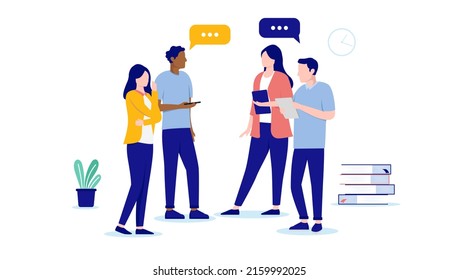 Casual business people talking - Group of characters standing and having a conversation and discussing. Flat design vector illustration with white background