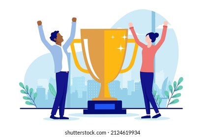 Casual business people and trophy - Man and woman cheering and being happy next to first prize cup. Winner and triumph concept, flat design vector illustration with white background