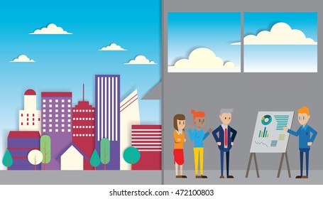 Casual Business People working in the city Presentation Flip Chart Finance; Business people Team Training Conference Meeting Flat Vector Illustration.