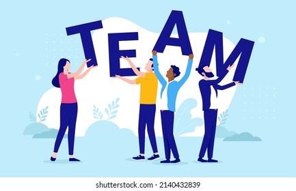 Casual business team - Group of people holding letters forming word. Teamwork concept, flat design vector illustration