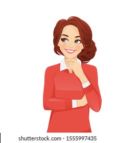 Casual business thinking woman looking away isolated vector illustration