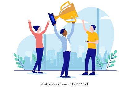 Casual business triumph - Businesspeople cheering and winning trophy with hands in air. Winners and success concept. Flat design vector illustration with white background