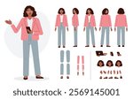 Casual business woman character constructor for animation. Front, side and back view set. Body parts, postures, poses collection. Vector illustration.