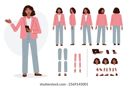 Casual business woman character constructor for animation. Front, side and back view set. Body parts, postures, poses collection. Vector illustration.