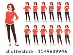 Casual business woman character in different poses set with red hair vector illustration
