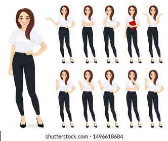 Casual business woman character in different poses set vector illustration