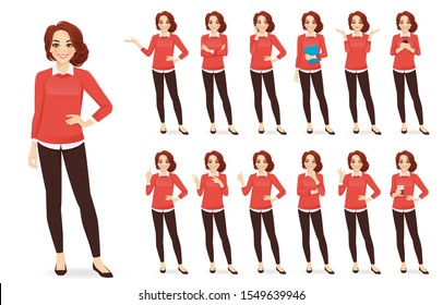 Casual business woman character in different poses set with red hair vector illustration