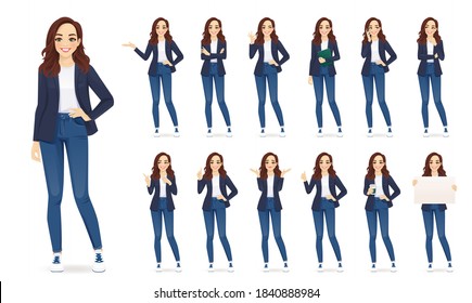 Casual business woman character in different poses set in jeans isolated vector illustration