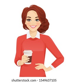 Casual business woman with coffee cup isolated vector illustration