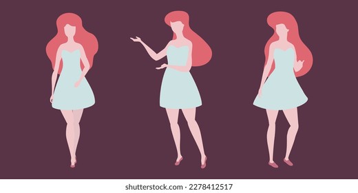 Casual business woman in dress character in different poses set vector illustration