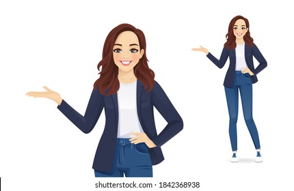 Casual business woman showing isolated vector illustration