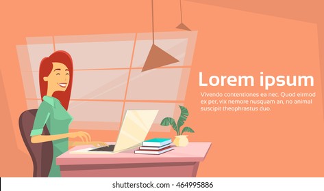 Casual Business Woman Sitting at Desk in Office Working Laptop Computer Vector Illustration