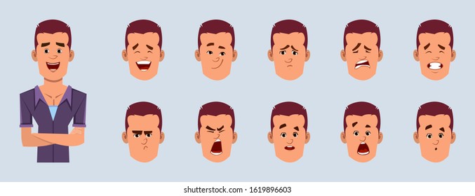 casual businessman cartoon character with different facial expression set.  Different emotions for custom animation, cartoon video or design.
