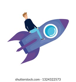 casual businessman flying in rocket