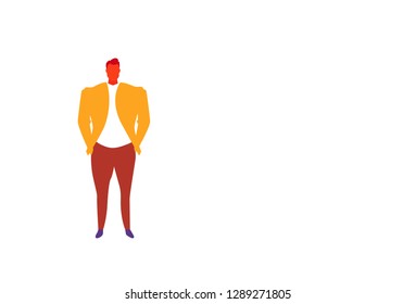 casual businessman with hands in pocket male office worker business man wearing fashionable clothes standing pose full length character flat horizontal isolated