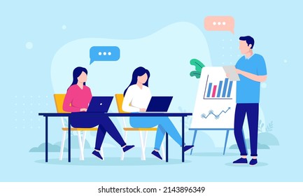 Casual businesspeople in meeting - Three people, man and women having a workshop in office. Flat design vector illustration with blue background