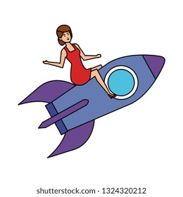 casual businesswoman flying in rocket