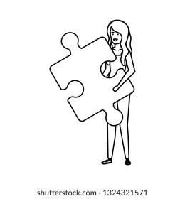 casual businesswoman lifting puzzle piece