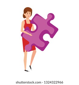 casual businesswoman lifting puzzle piece