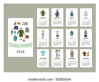 Casual calendar of 2016. Vector illustration. Isolated