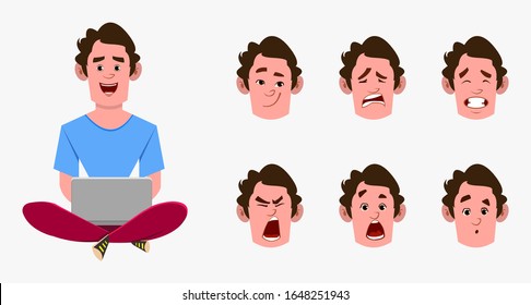 casual cartoon man character sitting on the floor and working in a laptop