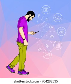 Casual cartoon man looking and  holding at his mobile phone and messaging on a background of geometric shapes. Vector man holding mobile smartphone 